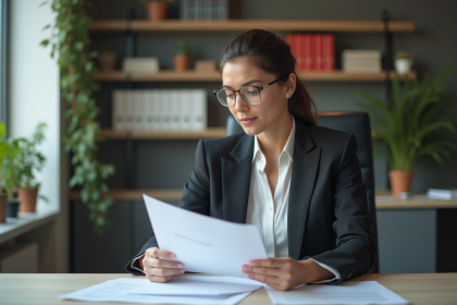 Femme confiante en costume professionnel examine documents de privacy