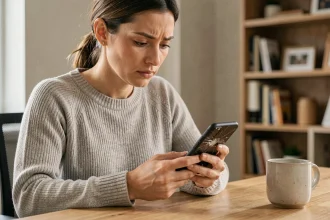Femme examinant un smartphone avec écran fissuré pour déclarer un sinistre auprès de son assurance téléphone mobile