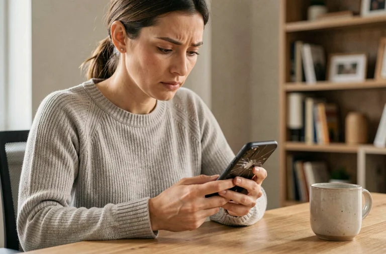 Femme examinant un smartphone avec écran fissuré pour déclarer un sinistre auprès de son assurance téléphone mobile