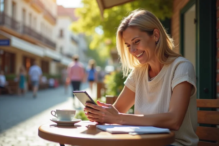 Femme souriante vérifiant résultats Keno sur smartphone en terrasse