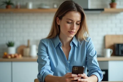 Femme en blouse bleue réglant sa messagerie sur son smartphone