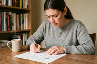 Femme concentrée résolvant une grille de sudoku difficile à son bureau à domicile avec un crayon et un café