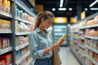 Femme comparant des produits en promotion au rayon rentrée scolaire d'un supermarché Leclerc