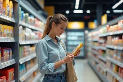 Femme comparant des produits en promotion au rayon rentrée scolaire d'un supermarché Leclerc