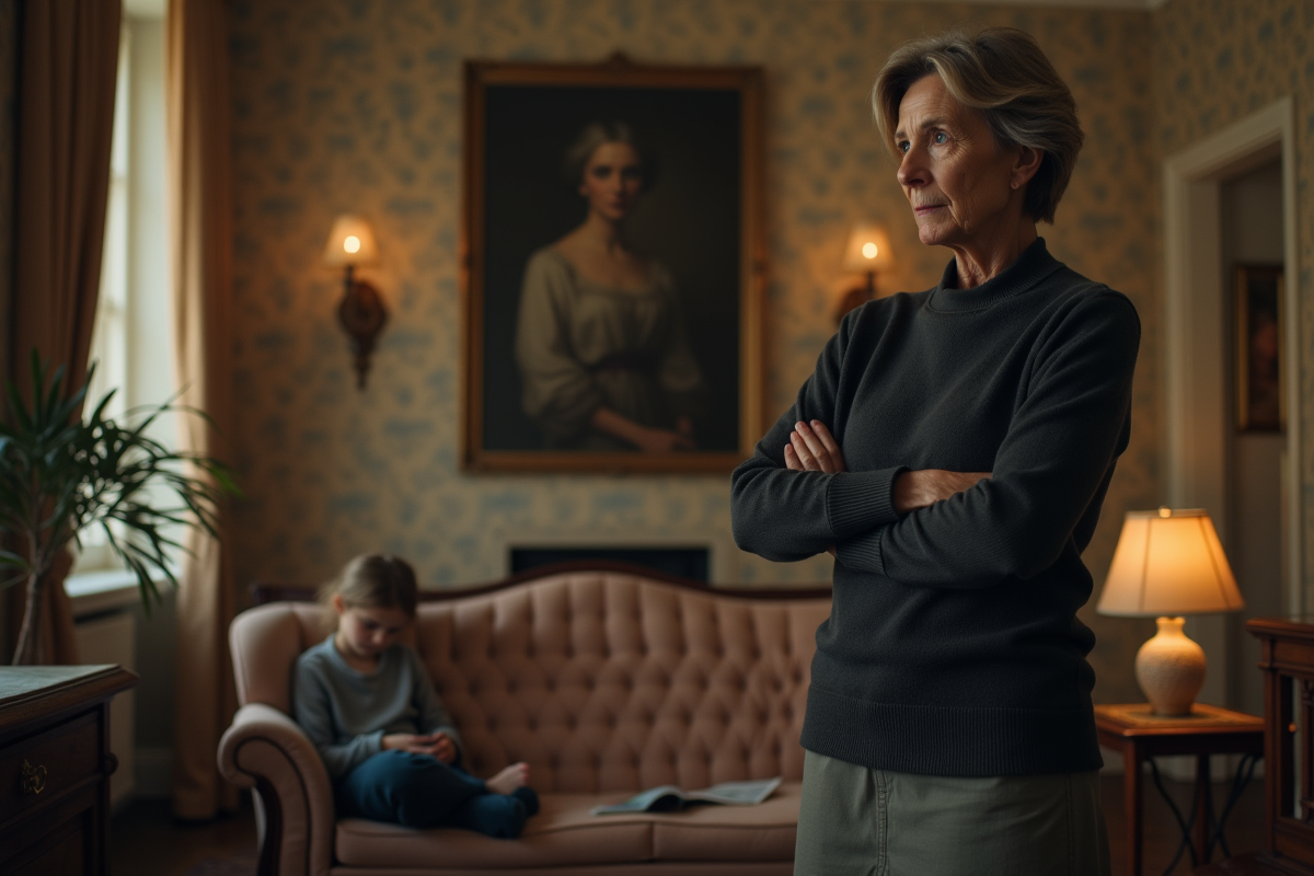 Femme sévère surveillant une jeune fille qui lit dans un salon traditionnel