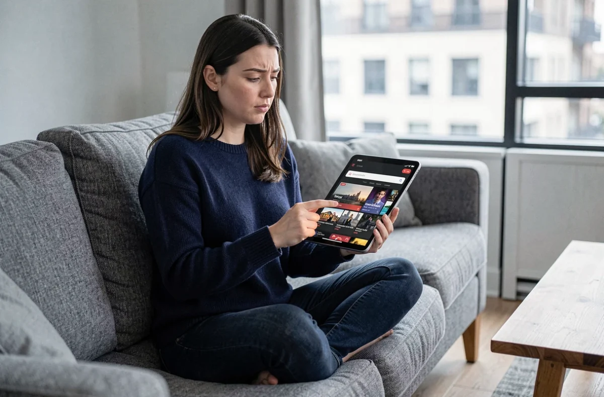 Femme consultant une tablette pour trouver le nouveau lien du site de streaming 1jour1film