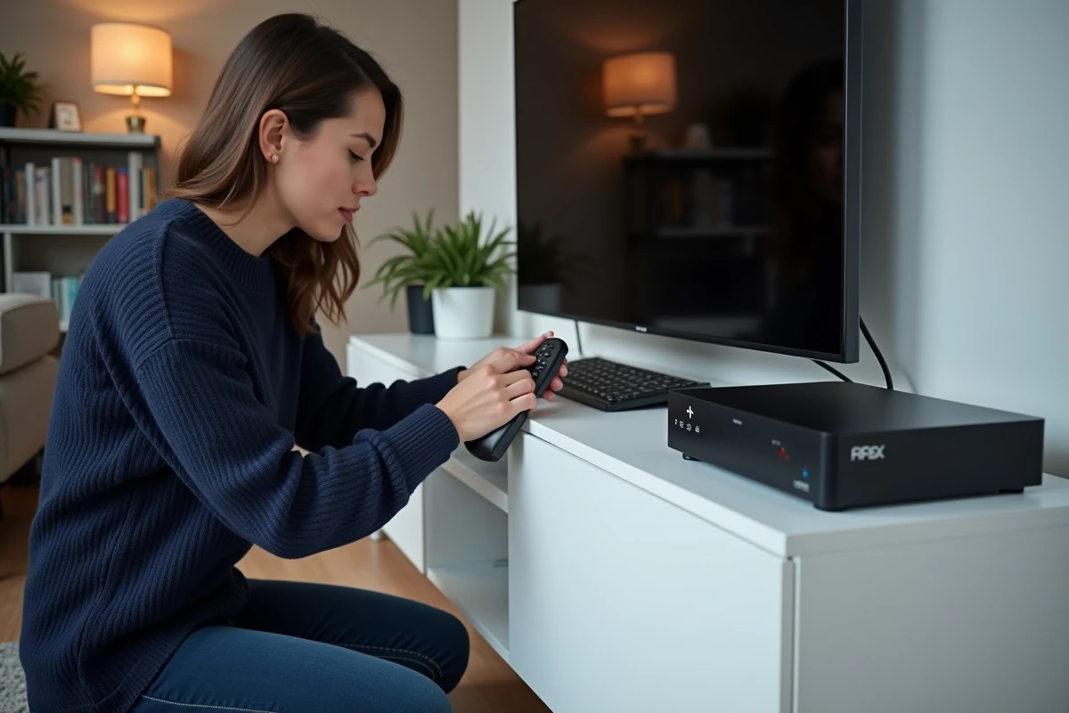 Femme pointant une télécommande Freebox vers le décodeur pour résoudre un problème de touches non fonctionnelles