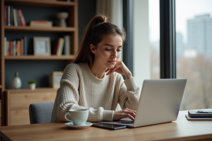 Jeune femme travaillant sur son ordinateur dans un appartement moderne