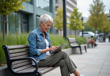 Comment le mobilier urbain durable et écologique révolutionne nos villes Femme en denim dans un parc urbain écologique