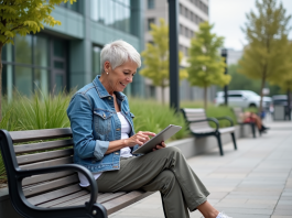 Femme en denim dans un parc urbain écologique