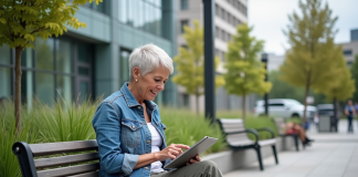 Femme en denim dans un parc urbain écologique
