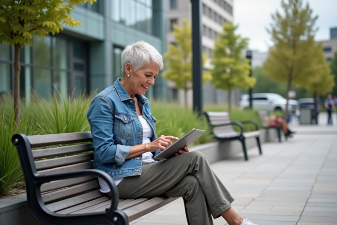 Femme en denim dans un parc urbain écologique