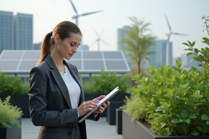 Jeune femme en rooftop jardin avec documents et panneaux solaires