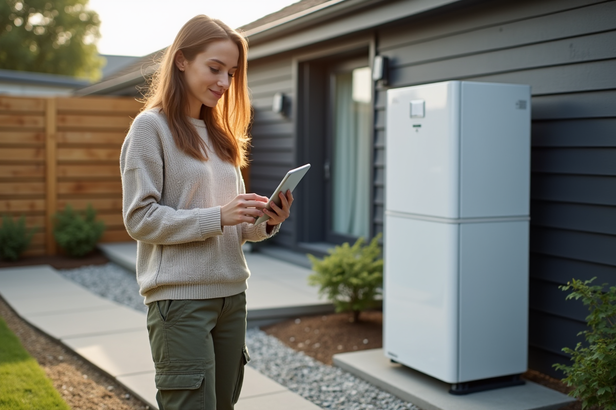 Jeune femme vérifiant un boiler hydrogene à l