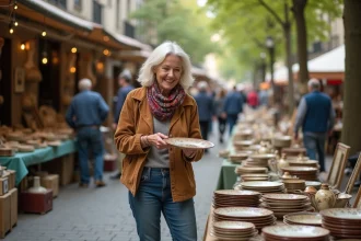 Femme souriante inspectant des assiettes vintage au marché
