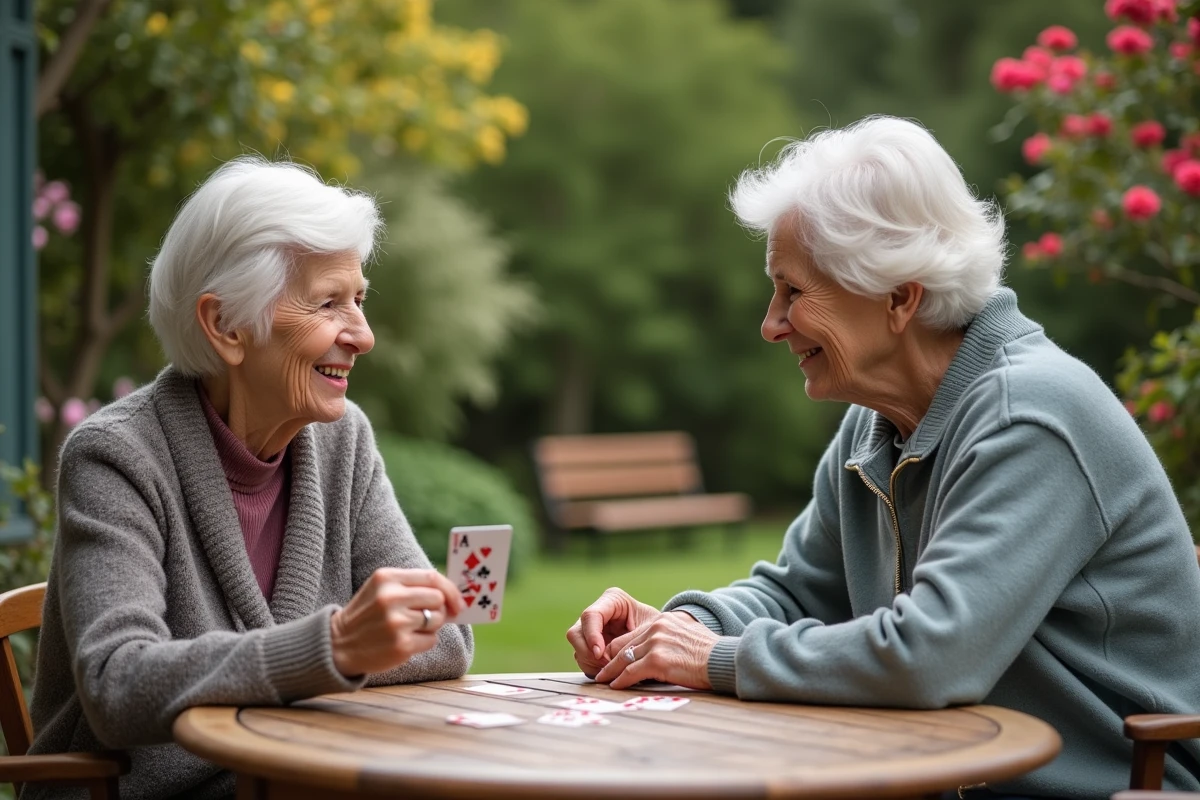 Deux femmes âgées jouant au bridge dans un jardin paisible