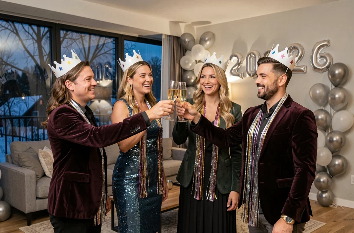 Groupe d'adultes portant un toast au champagne lors d'une fête du Nouvel An 2026