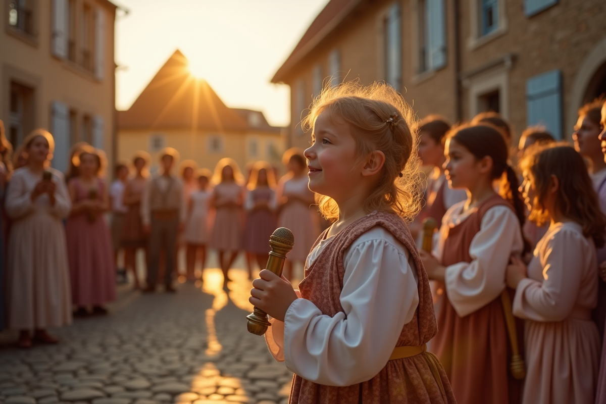 Célébration en village français avec enfants et adultes en costumes d