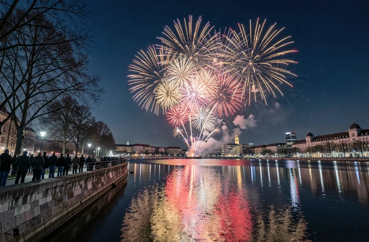 Feu d'artifice du Nouvel An 2026 sur un skyline urbain avec reflets dans la rivière