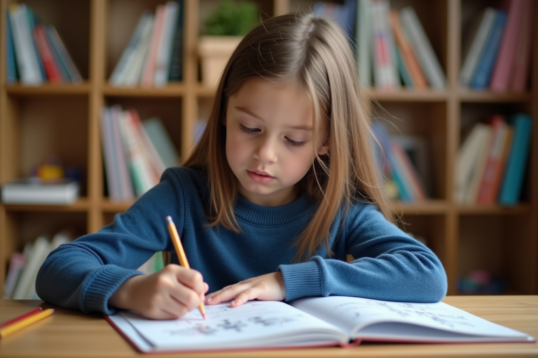 Jeune fille de 7 ans concentrée sur un puzzle à son bureau