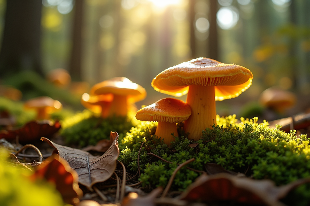 Champignons chanterelles dans la forêt au sol au matin