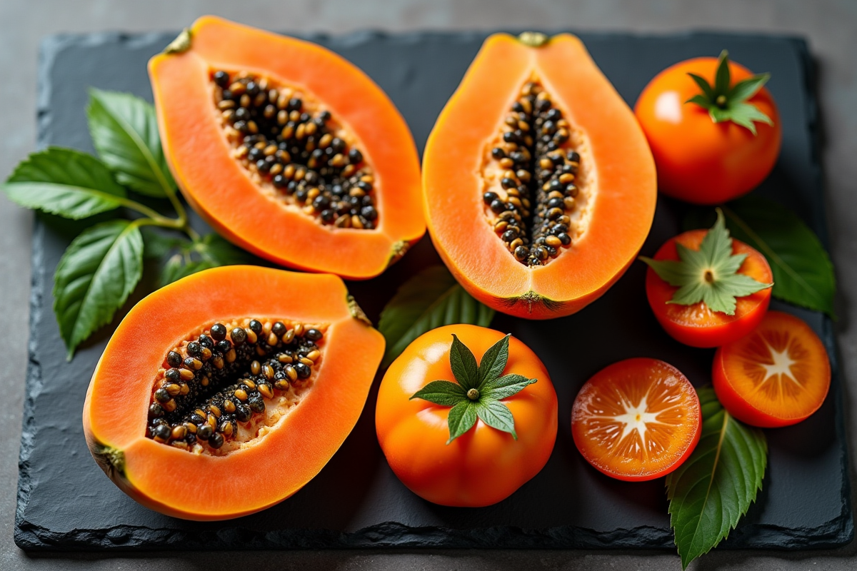 Fruits P tranchés sur un plateau en pierre pour l