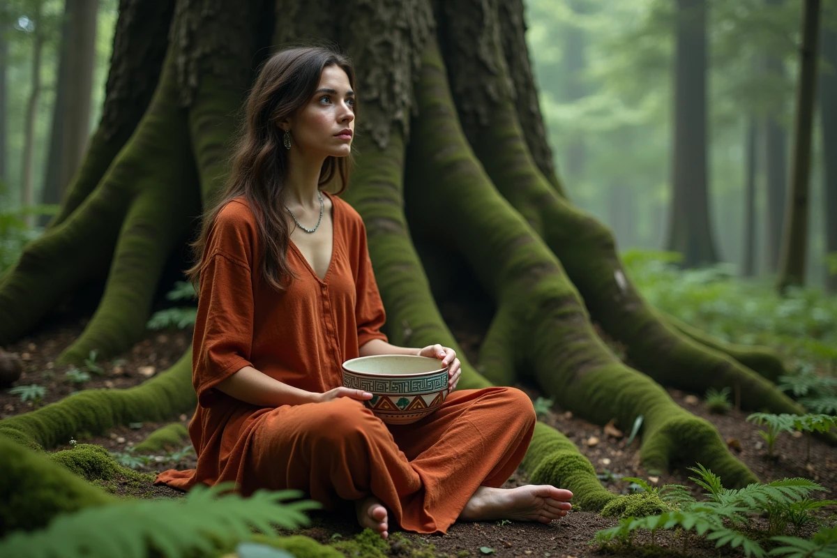 Femme méditant dans une forêt ancienne tenant un bol en céramique orné de symboles grecs de Gaïa, déesse primordiale de la Terre