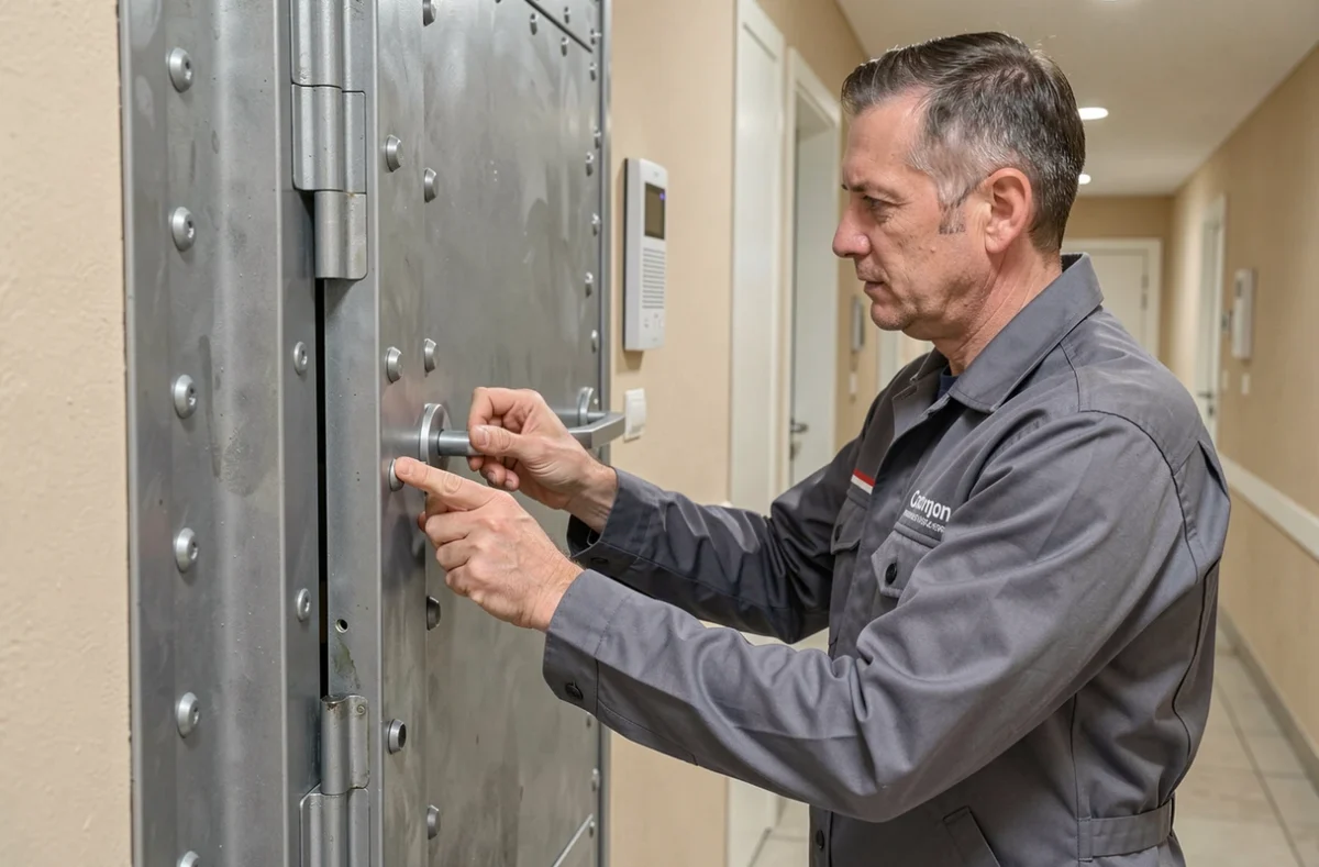 Serrurier spécialisé dans le blindage de porte installant une porte blindée dans un couloir d'immeuble résidentiel à Calais