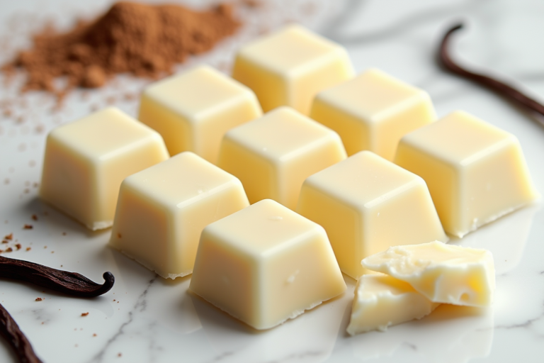 Ingrédients du chocolat blanc mettant en avant le beurre de cacao et le sucre