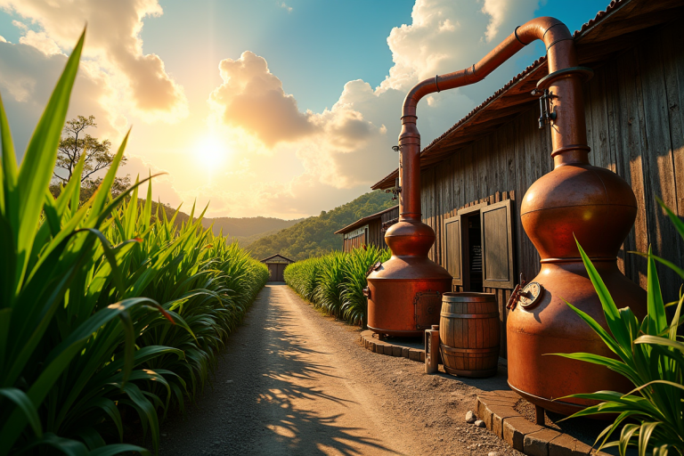 Distillerie de rhum agricole en Martinique avec vue sur les champs de canne à sucre