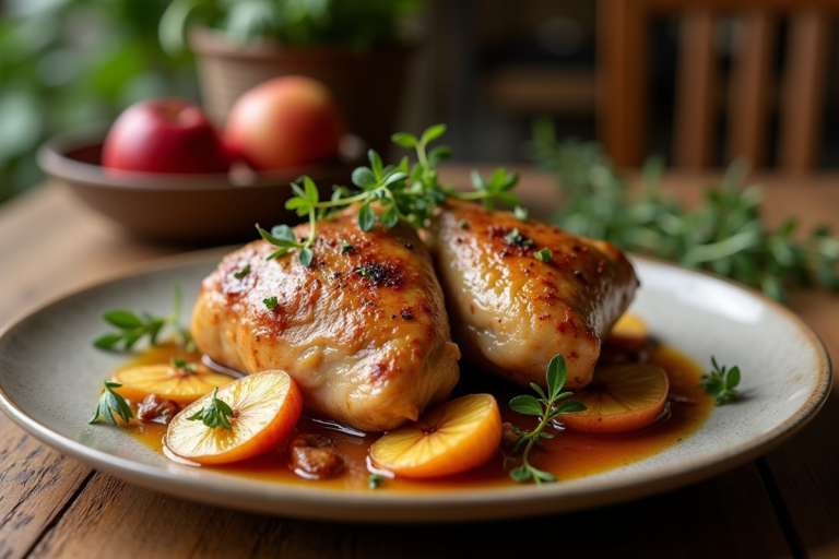 Cuisses de pintade au cidre et aux pommes prêtes à être dégustées