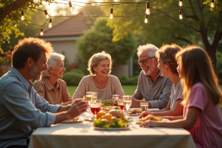 Réunion familiale réussie avec des membres souriants autour d'une table festive