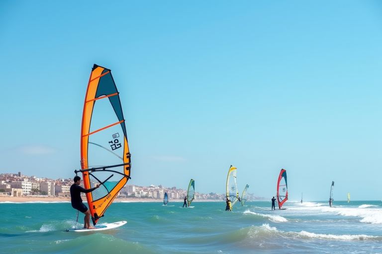 Plage d'Essaouira avec des personnes pratiquant des sports nautiques