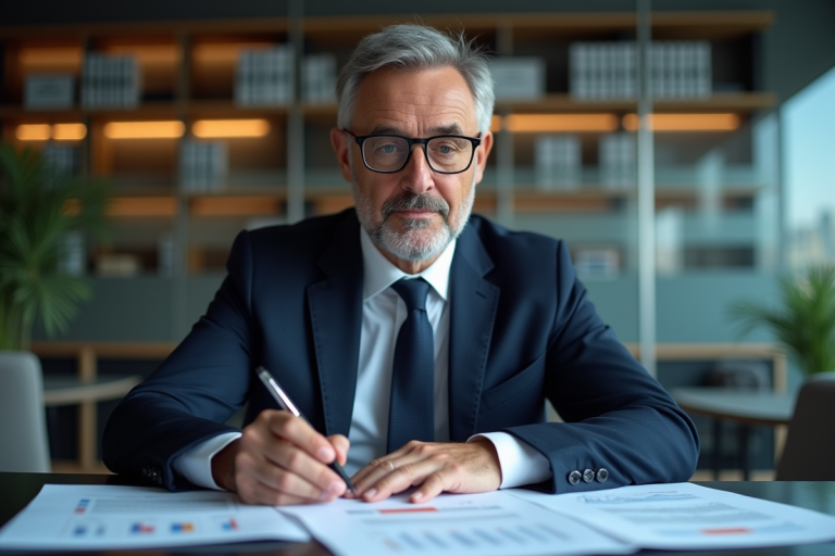 Manager financier en réunion avec documents réglementaires