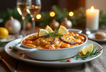 Gratin de fruits de mer élégant servi dans un plat blanc avec garniture fraîche