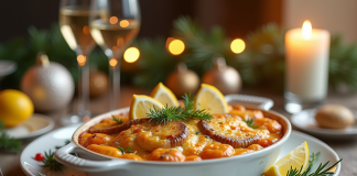 Gratin de fruits de mer élégant servi dans un plat blanc avec garniture fraîche