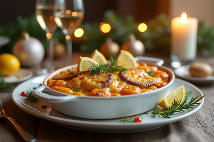 Gratin de fruits de mer élégant servi dans un plat blanc avec garniture fraîche