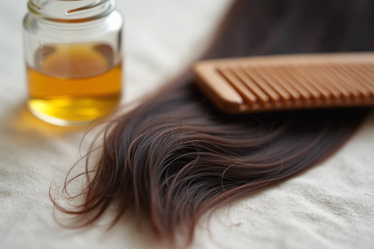 Gros plan sur des fourches et la casse d'une mèche de cheveux bruns posée sur du lin avec des soins capillaires en arrière-plan
