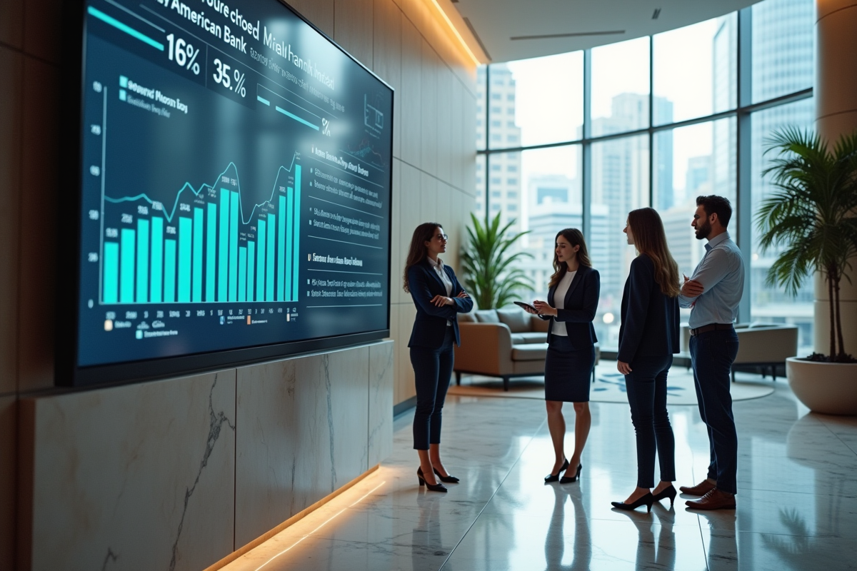 Groupe de jeunes banquiers discutant devant un écran interactif