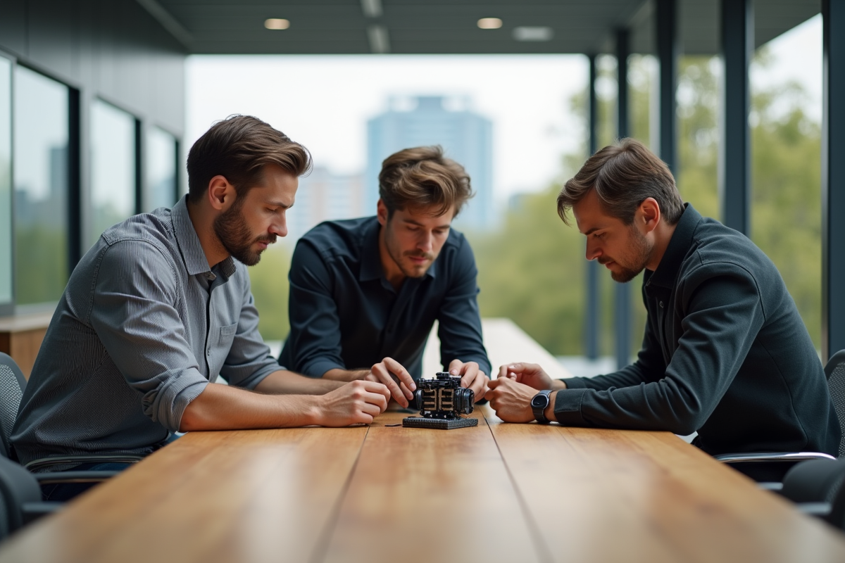 Groupe de trois personnes assemblant un robot en extérieur