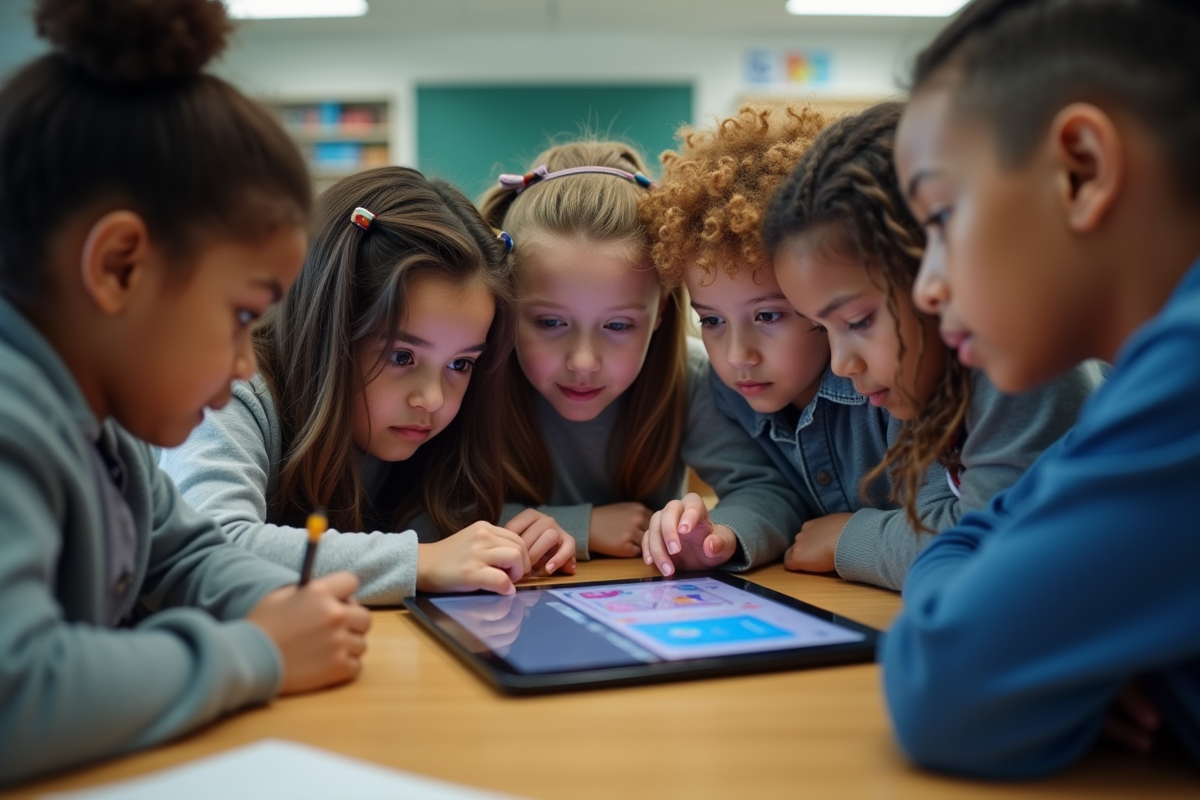 Groupes d élèves collaborant autour d une tablette numérique