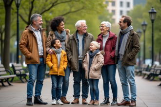 Groupe divers d'adultes et enfants dans un parc urbain