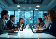 Groupe de professionnels et étudiants collaborant dans un bureau moderne