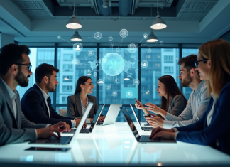 Groupe de professionnels et étudiants collaborant dans un bureau moderne