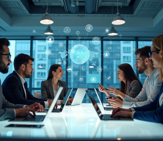 Groupe de professionnels et étudiants collaborant dans un bureau moderne