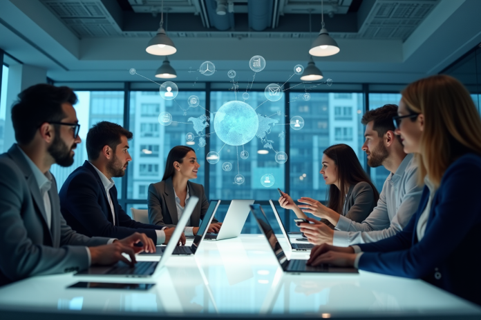 Groupe de professionnels et étudiants collaborant dans un bureau moderne