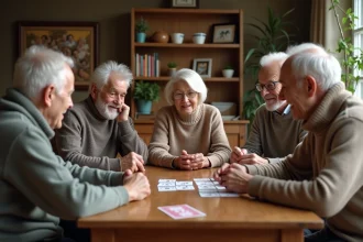 Seniors jouant à un jeu de cartes dans un salon chaleureux