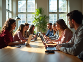 Groupe diversifié collaborant autour d'une table lumineuse