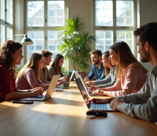 Groupe diversifié collaborant autour d'une table lumineuse