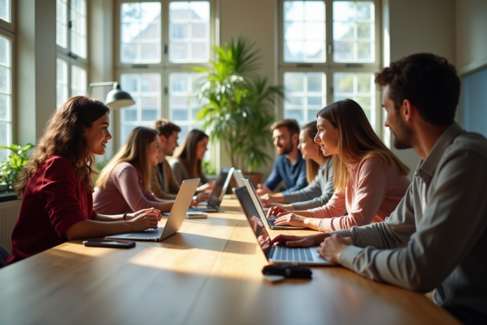 Groupe diversifié collaborant autour d'une table lumineuse